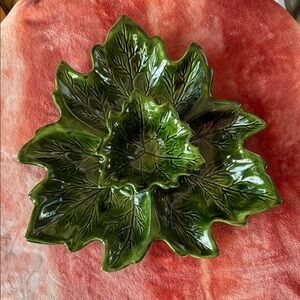 Vintage Holland Mold Ceramic Green Leaf-Shaped Veggie Dip Party Platter